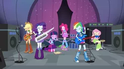 Size: 1280x714 | Tagged: safe, derpibooru import, screencap, applejack, fluttershy, pinkie pie, rainbow dash, rarity, sci-twi, spike, sunset shimmer, twilight sparkle, twilight sparkle (alicorn), alicorn, dog, equestria girls, rainbow rocks, bass guitar, boots, clothes, covering eyes, drum set, guitar, humane five, humane six, keytar, mane six, microphone, musical instrument, notebook, shoes, spike the dog, tambourine, the rainbooms