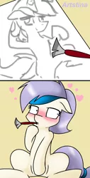 Size: 852x1680 | Tagged: suggestive, artist:pencil bolt, derpibooru import, oc, oc:artstina, unofficial characters only, earth pony, pony, blushing, drawing, female, heart, paper