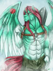 Size: 700x933 | Tagged: suggestive, artist:bluekite-falls, artist:sky-railroad, derpibooru import, oc, oc:shooting star, ponified, unofficial characters only, anthro, pegasus, pony, anthro oc, clothes, colored wings, gradient wings, harness, male, pants, solo, tack, torpedo, unzipped, wings