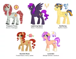 Size: 1600x1246 | Tagged: safe, artist:cascayd, derpibooru import, oc, oc:lavender, oc:lightning spark, oc:scarlett rose, oc:swiftwing, oc:treasure trove, unofficial characters only, earth pony, hybrid, pegasus, pony, unicorn, zony, adopt for sale, adoptable, adopts for sale, blaze (coat marking), female, flower, flower in hair, for sale, interspecies offspring, magical lesbian spawn, male, mare, next generation, offspring, original art, parent:cherry jubilee, parent:rarity, parent:soarin', parent:spitfire, parent:starlight glimmer, parent:sunburst, parent:thunderlane, parent:tree hugger, parent:troubleshoes clyde, parent:zecora, parents:cherryshoes, parents:rarilane, parents:soarinfire, parents:starburst, parents:treecora, simple background, socks (coat marking), stallion, star (coat marking), unshorn fetlocks, white background
