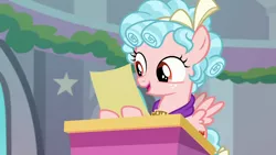 Size: 1280x720 | Tagged: safe, derpibooru import, screencap, cozy glow, pegasus, pony, school raze, female, filly, jewelry, necklace, paper, podium, solo