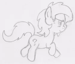 Size: 782x669 | Tagged: safe, derpibooru import, oc, oc:anonfilly, unofficial characters only, earth pony, pony, female, filly, monochrome, pencil drawing, side view, smiling, solo, traditional art