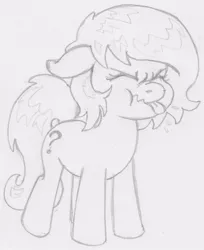 Size: 929x1139 | Tagged: safe, artist:lockhe4rt, derpibooru import, oc, oc:anonfilly, unofficial characters only, earth pony, pony, eyes closed, female, filly, monochrome, naughty, pencil drawing, pfft, scrunchy face, solo, tongue out, traditional art