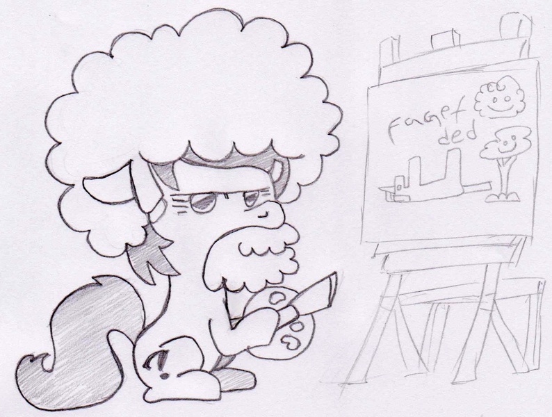 Size: 1773x1340 | Tagged: safe, artist:lockhe4rt, derpibooru import, twilight sparkle, oc, oc:anonfilly, earth pony, pony, afro, bob ross, easel, faget, fake beard, female, filly, happy little trees, joy of painting, monochrome, paintbrush, painter, painting, palette, pencil drawing, solo, traditional art, vulgar, wig