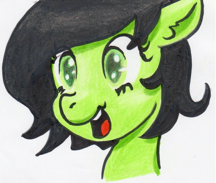 Size: 1596x1350 | Tagged: safe, artist:lockhe4rt, derpibooru import, oc, oc:anonfilly, unofficial characters only, bust, crayon drawing, female, filly, open mouth, simple background, smiling, solo, traditional art