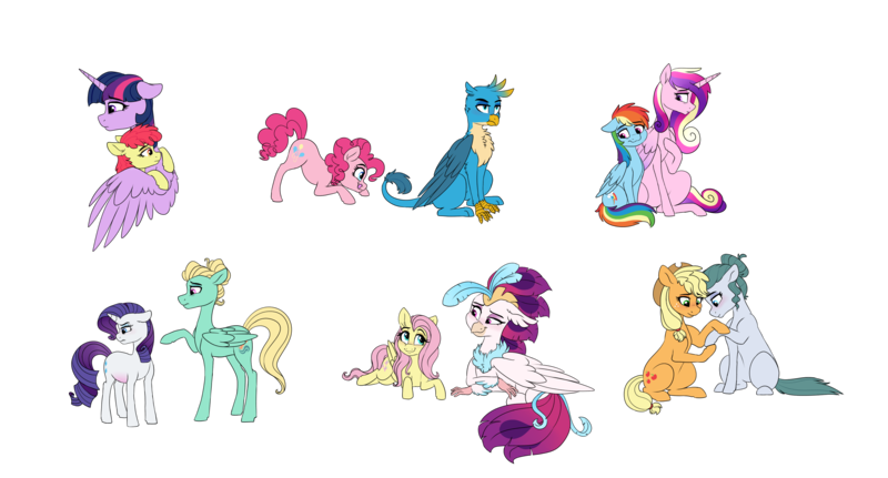 Size: 3905x2104 | Tagged: safe, artist:saphi-boo, derpibooru import, apple bloom, applejack, cloudy quartz, fluttershy, gallus, pinkie pie, princess cadance, queen novo, rainbow dash, rarity, twilight sparkle, twilight sparkle (alicorn), zephyr breeze, alicorn, earth pony, gryphon, pegasus, pony, unicorn, soul bond au, my little pony: the movie, blushing, cadash, crack shipping, ephebophilia, female, infidelity, interspecies, lesbian, male, mare, shipping, simple background, stallion, straight, twibloom, zephity