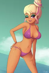 Size: 1280x1920 | Tagged: suggestive, artist:zelc-face, derpibooru import, chestnut magnifico, equestria girls, movie magic, spoiler:eqg specials, beach, beach babe, bedroom eyes, bikini, bikini babe, breasts, busty chestnut magnifico, cleavage, clothes, female, looking at you, one eye closed, sexy, solo, solo female, stupid sexy chestnut magnifico, swimsuit, wink, zelc-face's swimsuits