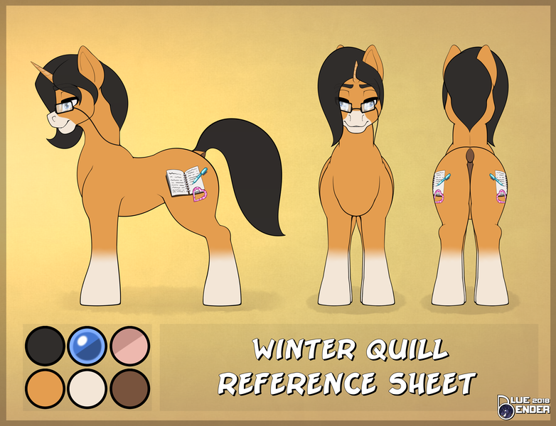 Size: 4953x3800 | Tagged: safe, artist:bluebender, derpibooru import, oc, oc:winter quill, unofficial characters only, pony, unicorn, commission, cutie mark, glasses, male, reference sheet, solo, stallion