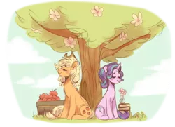 Size: 918x666 | Tagged: safe, artist:s1nb0y, derpibooru import, applejack, starlight glimmer, earth pony, pony, unicorn, apple, book, duo, duo female, eyes closed, female, flower, food, mare, simple background, sitting, smiling, transparent background, tree, under the tree