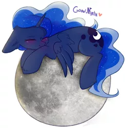 Size: 2820x2895 | Tagged: safe, artist:pesty_skillengton, derpibooru import, princess luna, alicorn, pony, blushing, cute, eyes closed, female, floppy ears, good night, goodnight, heart, lunabetes, mare, moon, sleeping, smiling, solo, spread wings, tangible heavenly object, wings