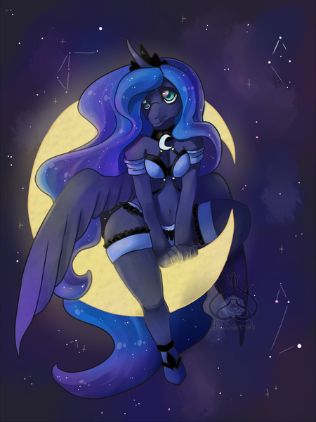 Size: 675x900 | Tagged: safe, artist:himberreh, derpibooru import, princess luna, anthro, unguligrade anthro, belly button, breasts, busty princess luna, female, midriff, moon, night, solo, stars, tangible heavenly object, thighs, thunder thighs, watermark, wide hips