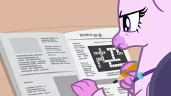 Size: 1280x720 | Tagged: crossword puzzle, derpibooru import, determined, female, hippogriff, pencil, safe, school raze, screencap, silverstream, solo, written equestrian