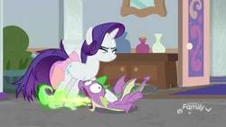 Size: 1920x1080 | Tagged: safe, derpibooru import, screencap, rarity, spike, dragon, pony, unicorn, school raze, bow, choking, derp, dragonfire, duo, eyes closed, faic, female, fire, fire breath, great moments in animation, it makes sense in context, male, mare, messy tail, open mouth, tail bow, tongue out, wide eyes, winged spike, wings