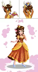 Size: 1600x3000 | Tagged: artist:sirzi, blushing, comic, crown, deer, deer ears, deer to human, derpibooru import, human, humanized, jewelry, oc, oc:aluxor, original species, regalia, rule 63, safe, simple background, solo, super crown, transformation, transgender transformation, unofficial characters only, vitrung
