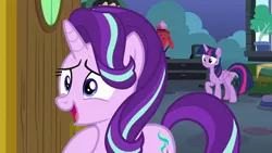 Size: 1280x720 | Tagged: safe, derpibooru import, screencap, starlight glimmer, twilight sparkle, twilight sparkle (alicorn), alicorn, pony, unicorn, celestial advice, bed, cutie mark, door, duo, duo female, female, hoof on chest, mare, smiling