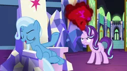Size: 1280x720 | Tagged: safe, derpibooru import, screencap, starlight glimmer, trixie, pony, unicorn, all bottled up, anger magic, angry, chair, friendship throne, magic, throne