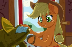 Size: 4096x2650 | Tagged: safe, artist:latecustomer, derpibooru import, applejack, earth pony, pony, barn, cowboy hat, cute, female, guardians of harmony, hat, jackabetes, jetpack, mare, polishing, propeller, smiling, solo, toy, toy interpretation