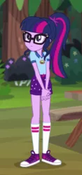 Size: 266x569 | Tagged: safe, derpibooru import, screencap, sci-twi, twilight sparkle, equestria girls, legend of everfree, camp everfree outfits, clothes, converse, cropped, female, glasses, legs, ponytail, shoes, shorts, sneakers, socks, solo