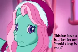 Size: 882x594 | Tagged: a very minty christmas, bronybait, christmas, cropped, cute, derpibooru import, edit, edited screencap, g3, hat, holiday, hug request, mintabetes, minty, sad, safe, santa hat, screencap, solo, text