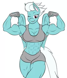 Size: 1435x1654 | Tagged: 1000 years in photoshop, abs, anthro, armpits, artist:calm wind, artist:matchstickman, biceps, clothes, derpibooru import, edit, fleetflex, fleetfoot, flexing, gloves, muscles, one eye closed, safe, solo, sports bra, workout outfit
