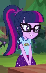 Size: 430x680 | Tagged: safe, derpibooru import, screencap, sci-twi, twilight sparkle, equestria girls, legend of everfree, camp everfree outfits, clothes, cropped, cute, ponytail, shorts, smiling, solo, twiabetes