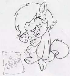 Size: 436x473 | Tagged: safe, artist:lockhe4rt, derpibooru import, oc, oc:anonfilly, unofficial characters only, earth pony, pony, chips, doritos, eating, eyes closed, female, filly, food, monochrome, open mouth, pencil drawing, sitting, solo, traditional art
