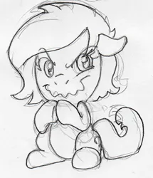 Size: 517x600 | Tagged: safe, artist:lockhe4rt, derpibooru import, oc, oc:anonfilly, unofficial characters only, earth pony, pony, female, filly, grinch face, monochrome, pencil drawing, plotting, sideways glance, sitting, solo, traditional art