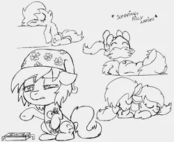 Size: 1000x816 | Tagged: safe, artist:lockhe4rt, derpibooru import, smarty pants, oc, oc:anonfilly, earth pony, pony, bump, female, filly, hat, lying on top of someone, monochrome, multeity, nightcap, sextet, sleeping