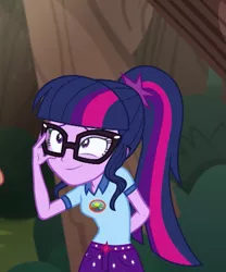 Size: 525x630 | Tagged: safe, derpibooru import, screencap, sci-twi, twilight sparkle, equestria girls, legend of everfree, camp everfree outfits, clothes, cropped, cute, female, glasses, ponytail, smiling, solo, twiabetes