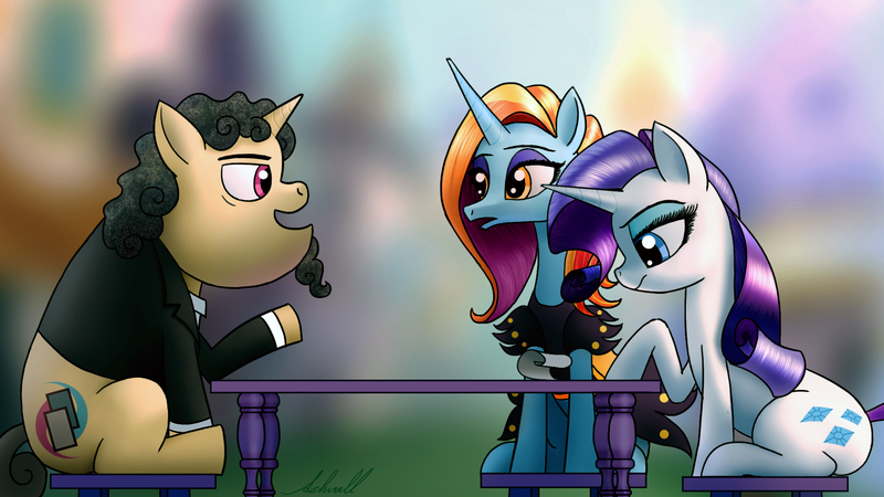 Size: 1920x1080 | Tagged: safe, artist:ashvall, derpibooru import, rarity, sassy saddles, pony, meeting, serious, serious face, sitting, table