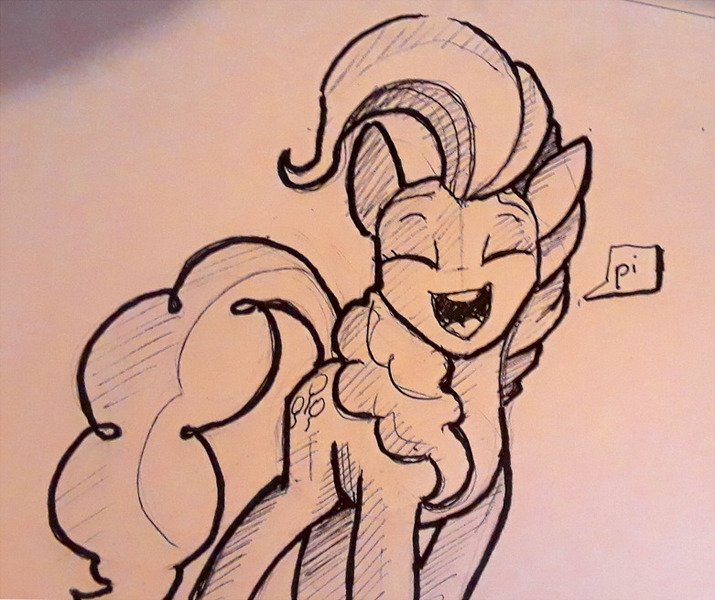 Size: 781x655 | Tagged: safe, artist:post-it, derpibooru import, pinkie pie, earth pony, pony, eyes closed, female, ink drawing, inktober, mare, monochrome, open mouth, simple background, sketch, smiling, solo, traditional art, white background