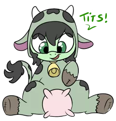 Size: 804x836 | Tagged: safe, artist:lockhe4rt, derpibooru import, oc, oc:anonfilly, unofficial characters only, cow, earth pony, pony, bell, clothes, costume, cowbell, dialogue, exclamation point, female, filly, floppy ears, horns, leaning back, looking down, nudity, simple background, sitting, smiling, solo, text, transparent background, udder