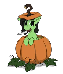 Size: 1275x1500 | Tagged: safe, artist:crownhound, derpibooru import, oc, oc:anonfilly, unofficial characters only, featured image, female, filly, freckles, halloween, holiday, image, knife, mouth hold, png, ponies in food, pumpkin, simple background, solo, transparent background