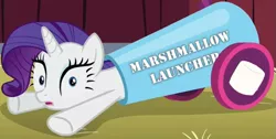 Size: 697x351 | Tagged: safe, derpibooru import, edit, edited screencap, screencap, rarity, pony, unicorn, spike at your service, cannon, cropped, female, mare, pony cannonball, rarity is a marshmallow, solo