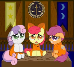 Size: 1249x1128 | Tagged: apple bloom, artist:spellboundcanvas, clothes, courtroom, cutie mark crusaders, derpibooru import, horn, horn ring, magic suppression, prisoner, prison outfit, ring, safe, scales of justice, scootaloo, sweetie belle, wing cuffs