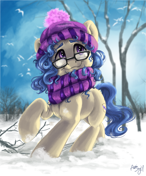 Size: 1364x1646 | Tagged: safe, artist:amishy, derpibooru import, oc, oc:eleos, earth pony, pony, clothes, commission, cute, glasses, hat, scarf, signature, smiling, snow, solo, ych result