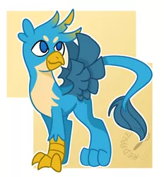 Size: 1300x1400 | Tagged: safe, artist:redpalette, derpibooru import, gallus, gryphon, abstract background, claws, cute, gallabetes, male, paws, smiling, solo, spread wings, standing, tail, wings