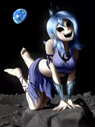 Size: 1536x2048 | Tagged: anonymous artist, barefoot, black sclera, breasts, clothes, derpibooru import, earth, empty eyes, feet, female, human, humanized, loony luna, moon, open mouth, princess luna, s1 luna, semi-grimdark, skirt, solo, space, toes, tumblr