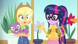 Size: 1280x720 | Tagged: safe, derpibooru import, screencap, applejack, sci-twi, spike, spike the regular dog, twilight sparkle, dog, equestria girls, equestria girls series, my little shop of horrors, applejack's hat, clothes, cowboy hat, female, flower, glasses, gloves, hat, male, ponytail, watering can, wet hair, wet spike