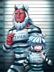 Size: 800x1072 | Tagged: safe, artist:tzc, derpibooru import, cozy glow, lord tirek, human, pegasus, pony, school raze, anime, clothes, duo, female, humanized, male, nose piercing, nose ring, piercing, prison outfit, prison stripes, prisoner, pure concentrated unfiltered evil of the utmost potency, pure unfiltered evil, smiling, winged humanization, wings