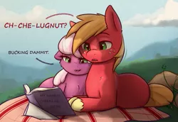 Size: 685x471 | Tagged: safe, artist:captainpudgemuffin, derpibooru import, edit, editor:symphonic sync, big macintosh, cheerilee, earth pony, pony, blanket, book, cheeribetes, cheerimac, cloud, cropped, cute, dialogue, female, freckles, grass, illiteracy, lidded eyes, macabetes, male, mare, open mouth, ponyloaf, prone, reading, shipping, sky, smiling, snuggling, stallion, straight, tree, unshorn fetlocks, vuldorable, vulgar, younger