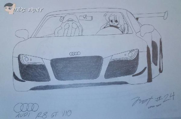 Size: 600x396 | Tagged: safe, artist:forzaveteranenigma, derpibooru import, lemon zest, fanfic:shadowbolts racing, equestria girls, friendship games, audi, audi r8, car, driving, lineart, simple background, supercar, traditional art, white background