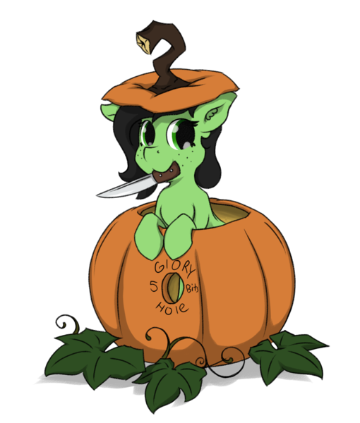 Size: 1275x1500 | Tagged: suggestive, artist:crownhound, derpibooru import, edit, oc, oc:anonfilly, unofficial characters only, female, filly, freckles, glory hole, halloween, holiday, implied foalcon, knife, mouth hold, ponies in food, pumpkin, simple background, solo, transparent background