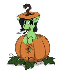 Size: 1275x1500 | Tagged: suggestive, artist:crownhound, derpibooru import, edit, oc, oc:anonfilly, unofficial characters only, female, filly, freckles, glory hole, halloween, holiday, implied foalcon, knife, mouth hold, ponies in food, pumpkin, simple background, solo, transparent background