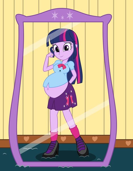 Size: 788x1013 | Tagged: suggestive, artist:mintydrop2013, derpibooru import, twilight sparkle, equestria girls, belly, belly button, big belly, cute, female, image, implied flashlight, implied shipping, implied straight, jpeg, looking at you, mirror, preglight sparkle, pregnant, pregnant equestria girls, solo, solo female, story included, twiabetes