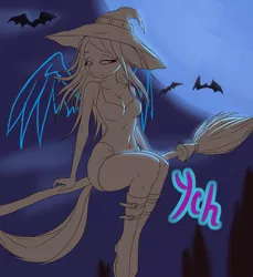 Size: 1500x1641 | Tagged: advertisement, anthro, artist:derpifecalus, bat, breasts, broom, clothes, commission, derpibooru import, female, flying, flying broomstick, full moon, hat, moon, safe, solo, tail, wings, witch, witch hat, your character here