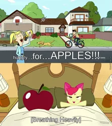Size: 924x1040 | Tagged: suggestive, derpibooru import, edit, apple bloom, bird, dog, earth pony, human, pony, aftersex, apple, bags under eyes, bed, bicycle, caption, car, cargo ship, chips, crack shipping, descriptive noise, female, filly, food, garage, giant apple, house, implied foalcon, implied sex, innuendo, messy mane, pillow, rick and morty, shipping