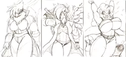 Size: 2216x1010 | Tagged: abs, alternate timeline, anthro, apocalypse dash, armpits, artist:droll3, big breasts, breasts, busty gilda, busty pinkie pie, clothes, crystal war timeline, dante (devil may cry), derpibooru import, devil may cry, devil may cry 5, gilda, huge breasts, nero (devil may cry), party cannon, pinkie pie, rainbow dash, suggestive, sword, underboob, uniform, weapon, wonderbolts uniform