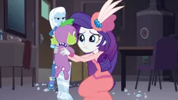 Size: 1280x720 | Tagged: safe, derpibooru import, screencap, rarity, spike, spike the regular dog, trixie, dog, equestria girls, equestria girls series, rarity investigates: the case of the bedazzled boot, bedazzled boot, clothes, feather, female, hat, male, pillbox hat, rarity investigates (eqg): trixie