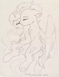 Size: 984x1280 | Tagged: artist:airfly-pony, crying, cute, derpibooru import, hug, lineart, oc, oc:scarlett drop, oc:wing hurricane, rcf community, safe, scarricane, shipping, traditional art, unofficial characters only